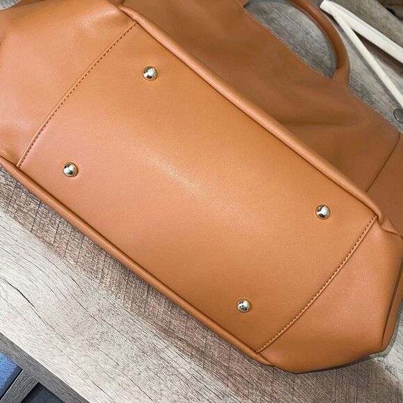 Designer Womens Vegan Leather Tote Saddle Shoulder Handbag Camel Tan Large - Picture 5 of 9